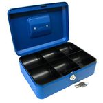 Cathedral Products Key Lockable Cash Box with Lift Out 6 Compartment Coin Tray - 10 Inch - Blue