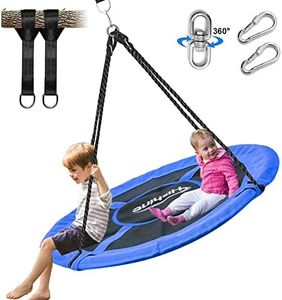 Hishine 110cm Saucer Tree Swing for Kids, 360° Rotate Waterproof Flying Saucer Swing with Swivel, Hanging Straps, Adjustable Ropes, Round Mat Spinner Swing for Tree/Swing Set (Blue)