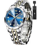 OLEVS Mens Watch Diamond Stainless Steel Analog Quartz Luxury Dress Blue Big Face Waterproof Date Day Two Tone Wrist Watch for Mens