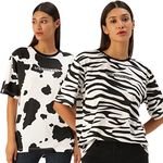 Veirdo® 100% Cotton Oversized Loose Fit Animal Printed Half Sleeve T-Shirt for Women/Girls (Pack of 2) White