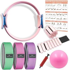 Pilates Ring and Ball Set, Adjustable Ankle Wrist Weights, Resistance Bands, Pilates Equipment for Home Workout Kit to Tone, Sculpt and Strengthen, Fitness Magic Circle Rings for Yoga Women (Pink)