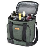 Freshore Insulated Wine Carrier 6 Bottle Bag Tote - Portable Travel Padded Cooler Carrying Canvas Case Adjustable Shoulder Strap - (Dark Green)