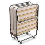 RELAX4LIFE Rollaway Folding Bed with Mattress, Guest Bed with Steel Frame & Memory Foam Mattress, Portable Fold Up Bed with Rolling Wheels for Small Space, Office, Camping, Made in Italy (Beige)