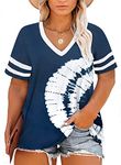 Happy Sailed Womens Plus Size Tie Dye Printed Tops Summer Short Sleeve V Neck Loose Casual Tee Shirts,3X Blue