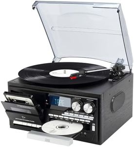 9-en-1 Platine Vinyle avec Bluetooth, Tourne-Disque à 3 Vitesses avec Haut-parleurs intégrés et Prise Audio de 3,5 mm, CD/Cassette, Radio AM/FM, USB/SD/MMC, Noir Solide