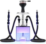 Complete Hookah Set with Everything - Modern Cube Acrylic Hookah 2 Hose with Heat Management Device | Silicone Hookah Bowl | Aluminum Coal Tongs Stem for Better Shisha Hookah Narguile Smoking | Diffuser Magical Remote LED Light | Easy Cleaning Easy Inhale