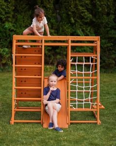 Avenlur Magnolia Large 7-in-1 Wooden Jungle Gym, Indoor & Outdoor Playset | Treated pine climbing gym with monkey bars, rock wall, cargo net, wood and rope ladders, slide and rope swing for active play