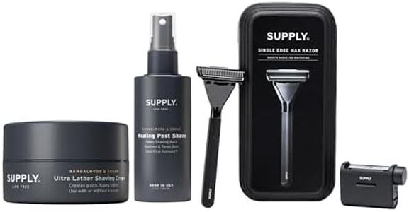 SUPPLY Single Edge Max Shaving Starter Kit for Men – Includes Safety Razor in Jet Black, 8 Black Label Blade Refills and Shaving Cream 3.4 oz & Post Shave Lotion 2 oz in Sandalwood & Cedar