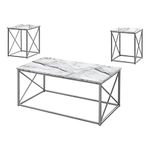 Monarch Specialties I 7953P Table Set, 3pcs Set, Coffee, End, Side, Accent, Living Room, Metal, Laminate, White Marble Look, Grey, Contemporary, Modern