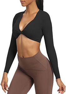 Aoxjox Long Sleeve Crop Tops for Women Sienna Twist Deep V Workout Crop T Shirt Top, A Black, Small