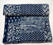 Queen/Twin/King Multi Indigo Blue Cotton Kantha Quilt Handmade Indian Bedspread Hand Block Print Natural Color Vegetable Dye Indigo Print Indigo Bed Cover Hand Throw (90X108 inches)