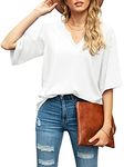 SUEANI Women's Blouse Tops Loose V Neck 3/4 Bell Sleeve Shirt, C-02- White, X-Large