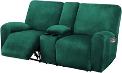 Reclining Love Seat with Middle Console Slipcover, 8-Piece Velvet Stretch Loveseat Reclining Sofa Covers, 2 seat Loveseat Recliner Cover, Thick, Soft, Washable, Loveseat Slipcovers (Retro Green)