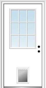 National Door Company ZZ00519L Fiberglass Smooth Primed, Left Hand in-Swing, Prehung Front Door, 9 Lite with Pet Door, Clear Glass, 30" x 80"