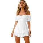 Playsuits for Women UK Elegant Sexy Boho Floral Print Off Shoulder Ruffle Hem Chiffon Romper Shorts Mini Smock Dress Petite Ladies Cottagecore Sundress Summer Beach Casual Short Jumpsuit White L