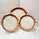 Set of 3 Mother of Pearl Serving Tray with Handles, Handmade Round Rattan Serving Tray Set,Breakfast Tray, Coffee Table Tray, Decorative Tray (White)