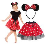 Minnie Mouse women tutu skirt with headband, ears & tail costume - UK Sizes 8 to 28 - Red, Pink, Fancy Dress, Fun Run, Hen Party (S, Minnie Mouse Red)