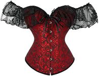 SHYMMUO Women Corset Top with Lace Sleeve Lace Up Sexy Bustier Lingerie Waist Trainer Costume Tops, Black/Red, Large