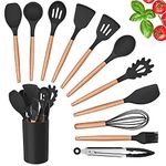 Kitchen Utensils Set, Herogo 12 Piece Silicone Utensil with Holder, Heat Resistant Cooking Utensils with Wooden Handle for Non Stick Cookware Pans, Silicone Kitchen Gadgets Tool Set (Black)