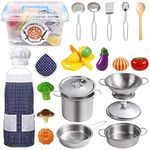 Sundaymot Kids Kitchen Pretend Play Toys Accessories with Stainless Steel Cookware Pots and Pans Set, Cooking Utensils, Apron & Chef Hat, Cutting Vegetables for 3 Year Old Kids, Girls, Boys, Toddlers