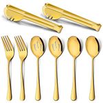 Homikit Stainless Steel 2 Large Serving Spoons, 2 Slotted Serving Spoons, 2 Serving Forks, 2 Serving Tongs, 8Pcs Gold Metal Catering Banquet Buffet Serving Utensils Set, Mirror Polish, Dishwasher Safe