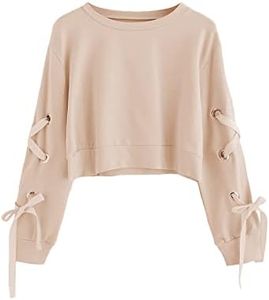 SweatyRocks Women's Casual Lace up Long Sleeve Pullover Crop Top Sweatshirt Deep Beige L