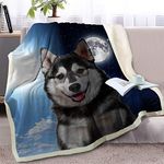 BlessLiving Fuzzy Dog Blanket For Kids Adults Sun and Moon Print Fleece Blanket Reversible Animal Pattern Sherpa Throw Twin/Double (Husky,150x200cm)