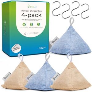 4-Pack Activated Bamboo Charcoal Bags - Effective Air Purifier and Dehumidifier Bags, Beautiful Pyramid Design, Odor Eliminator & Moisture Absorber for Home, Car, Closet, Shoes & More