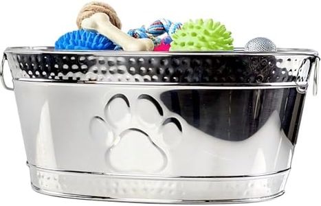 Metal Indestructible Dog Toy Bin - Steel Dog Toy Basket with Handles, Pet Toy Box, Oval for Blankets, Leashes, & Toys for Aggressive Chewers - Pawprint Design Home Decor (Silver)