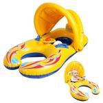 Proberos® Dual-Inflatable Baby Float With Sunshade - Parent-Child Interactive Swimming Ring, Steering Wheel Toy, Durable PVC, UV Protection Canopy, 110x65cm for 6-48M Infants, Kids Swimming Tube