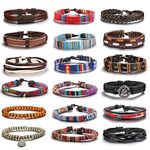 Finrezio 18 Pcs Braided Bracelet Set Men Beads Leather Wristbands Boho Ethnic Bracelet Tribal Hemp Cords Wrap Bracelets