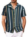 COOFANDY Mens Hawaiian Shirts Short Sleeve Striped Shirt Button Down Summer Beach Shirts, B - Dark Green, Large