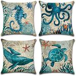 FLORICA Throw Pillow Case Cushion Cover Set of 4 Cotton Square Cushion Covers Home Decor Decorative for Sofa Couch Bed Chair 18 * 18in (Ocean Theme)