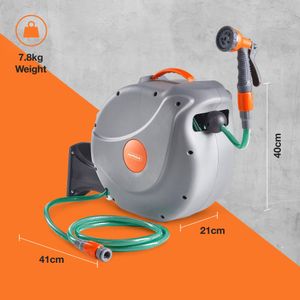 VonHaus 20m Retractable Wall Mounted Hose Reel – Auto Rewind, 8-Function Spray Gun