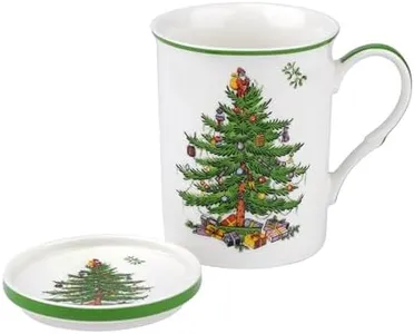 Spode Christmas Tree 14 oz Mug & Coaster Set - Ceramic Mug with Coaster for Tea, Coffee, Hot Chocolate - Fine Porcelain, Dishwasher & Microwave Safe - Mug & Coaster Gift Set