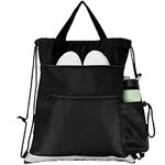 BELLE VOUS Black Drawstring Backpack - Water Resistant String Sports Gym Bag - Large PE Sackpack with Zipper & Pockets for School, Swimming and Travel
