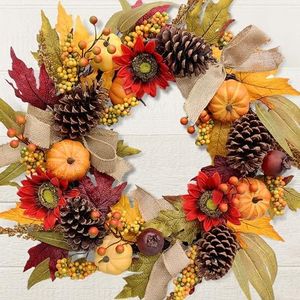 Fall Wreath for Front Door, 24’’ Artificial Maple Leaf, Berry and Pine Cones, Twig Thanksgiving Harvest Wreath