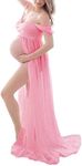 ZIUMUDY Maternity Off Shoulder Chiffon Gown Photography Lace Split Front Maxi Dress for Photoshoot (Medium, Pink)