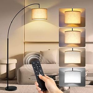 OUTON Lampada da Terra ad Arco con Telecomando, Lampade a Stelo da Terra a LED Dimmerabile, Lampade da Terra dal Moderno con Paralume Beige Regolabile per Soggiorno, Camera da Letto