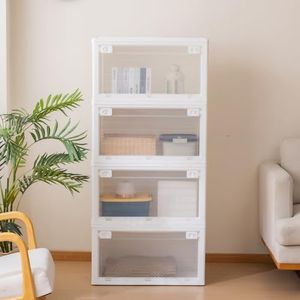 ABAMFUR 101QT Plastic Stackable Storage Bins, 4 Pack Collapsible Plastic Storage Bins with Lid, Doors & Wheels, for Closet Bedroom, White