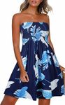 CHICGAL Womens Summer Dresses Strapless Boho Floral Print Sundress Beach Cover Ups(Tropical Blue Leaf,L)