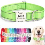 SEOUGEE Personalised Dog Collar with Engraved Metal Buckle, Reflective Nylon Collars for Small Medium Large Dogs with Custom Name Plate Phone Number (Green, M:Neck 35-50cm,Width 2cm)