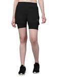 CHKOKKO Gym Shorts for Women Workout Sports Running Quick Dry Fit Double Layer Inner Compression with Pockets Breathable Lightweight Wear Black L