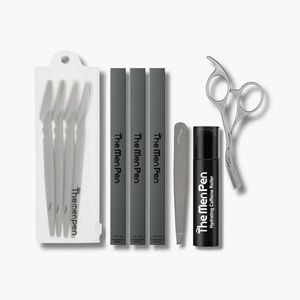 The Men Pen Complete Eyebrow + Hydrating Grooming Kit for Men | Scissors, Hydrating Caffeine Roller, Tweezers, Razors & 3 Eyebrow Filler Pens for Shaping | Trimming & Defining Brows - Grey