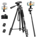 JOILCAN Camera Phone Tripod, 83" Lightweight Aluminum Selfie Stick Tripod Stand with 3-way Head and Remote, Portable Travel Tripod for iPhone/Smartphone/DSLR Camera with Phone Holder and Carry Bag