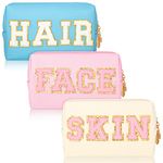 3 Pcs Patch Waterproof Toiletry Bag Preppy Makeup Bag Chenille Letters Preppy Bag Cosmetic Bag for Purse Portable Preppy Patch Bag Storage Pouch for Women, Beige, Light Blue, Pink,, PU Leather