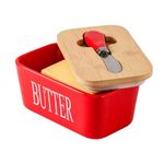 VENUSDALI Ceramic Butter Tray with Wooden Lid, Equipped with Stainless Steel Butter Knife Hanger, Large Ceramic Butter Storage Room with Sealing Cover, Easy to Clean, Butter Tray (RED)