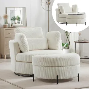 Chifee & Vingol 42" Oversized Swivel Accent Chair Round Barrel Chair with Storage Ottoman,Corduroy,Ivory