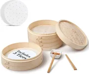 Vdomus Bamboo Steamer Basket - Includes a 10.6 Inch 3-Tier Wooden Dumpling Steamer, 50pcs Oil Liner, 2 Set Chopsticks, 1 Small Square Dish Bowl - for Rice, Dim Sum, Vegetables, and Meats