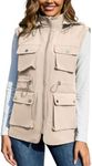 PESION Women's Lightweight Windbreaker Vest Softshell Sleeveless Jacket Windproof Stand Collar with Removable Hood Running Hiking Golf, Khaki, X-Large